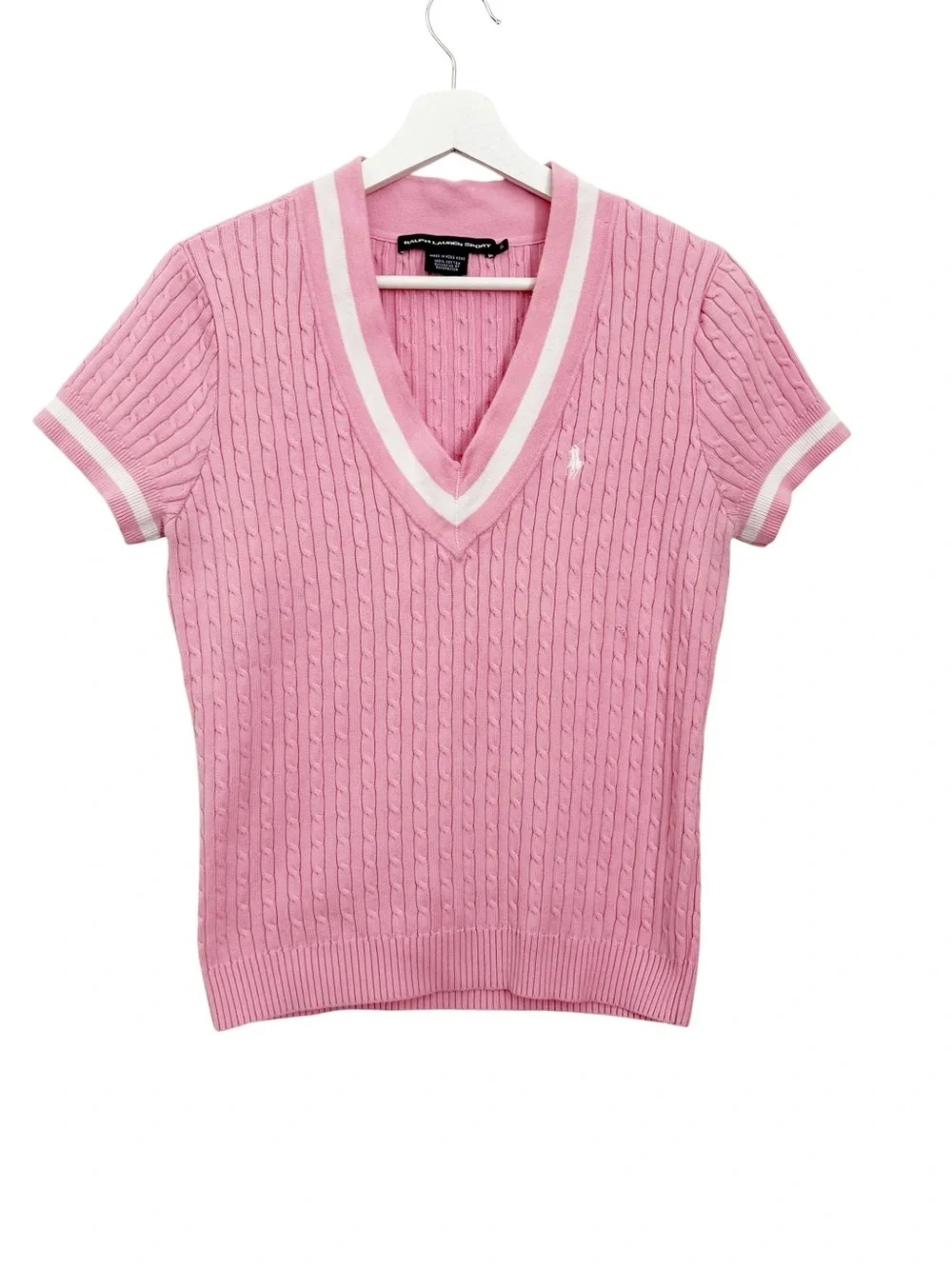 Ralph Lauren Sport Pink Cable Knit V-Neck Short Sleeve Sweater